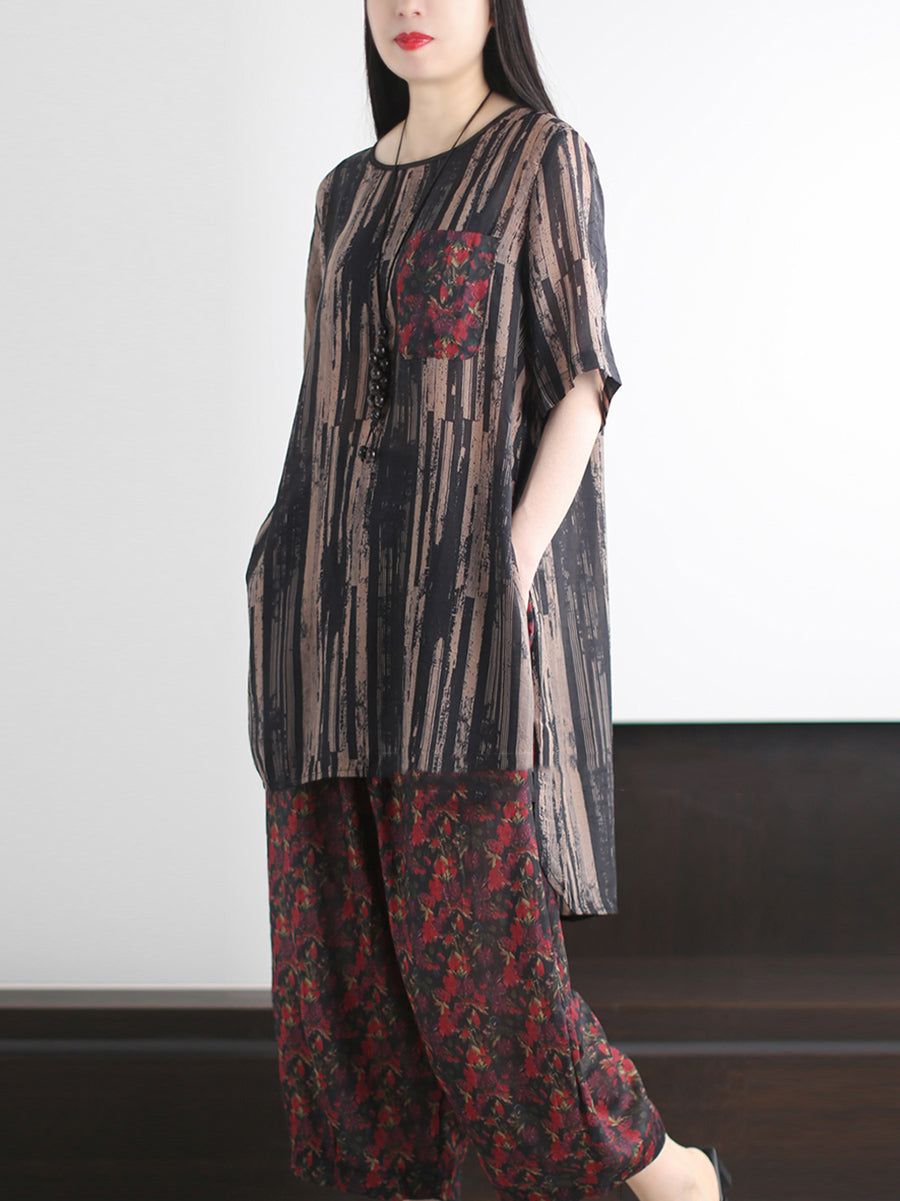 Stripe Summer O-Neck Suits Women Vintage Loose