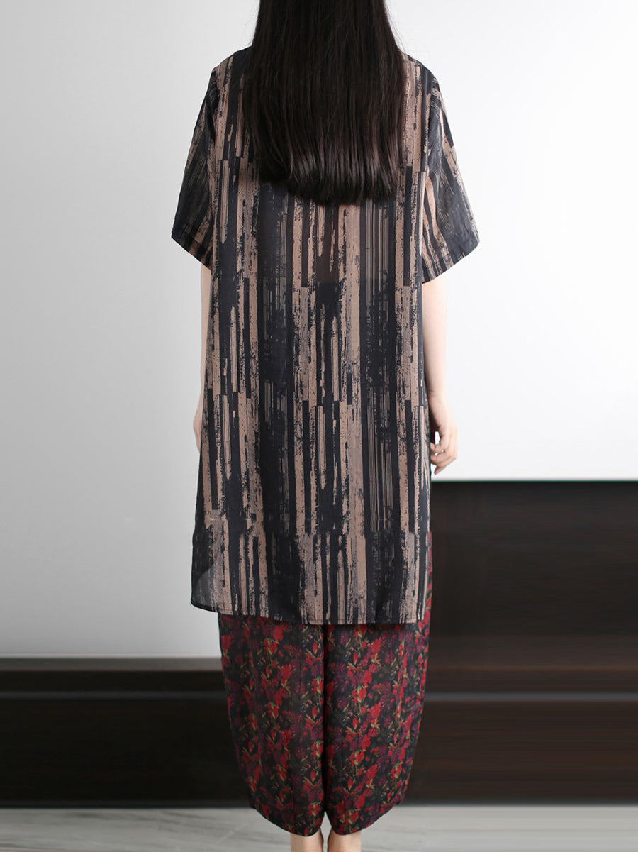 Stripe Summer O-Neck Suits Women Vintage Loose