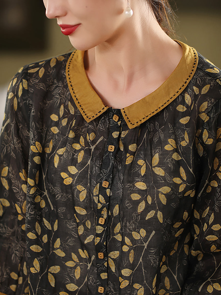 Flower 100%Ramie Turn-down Women Artsy Shirt Summer Collar