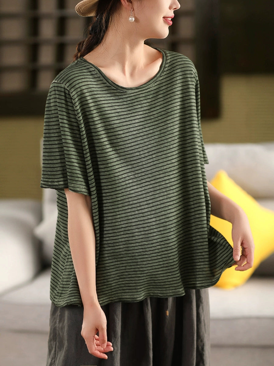 Casual Cotton Women Summer Linen O-Neck Shirt Stripe
