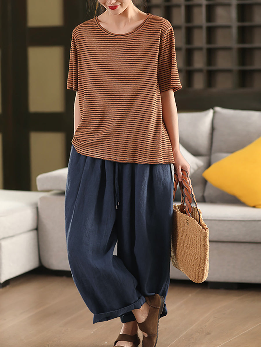 Casual Cotton Women Summer Linen O-Neck Shirt Stripe