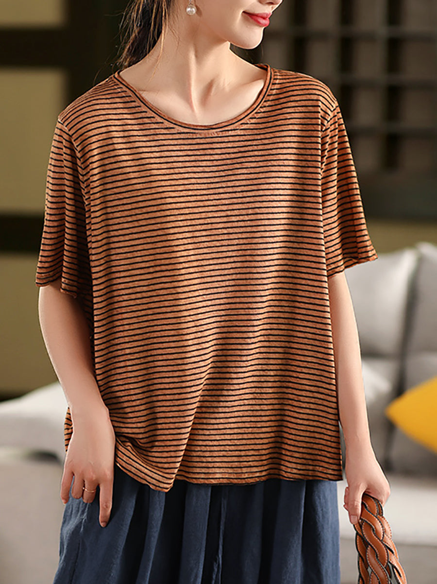 Casual Cotton Women Summer Linen O-Neck Shirt Stripe