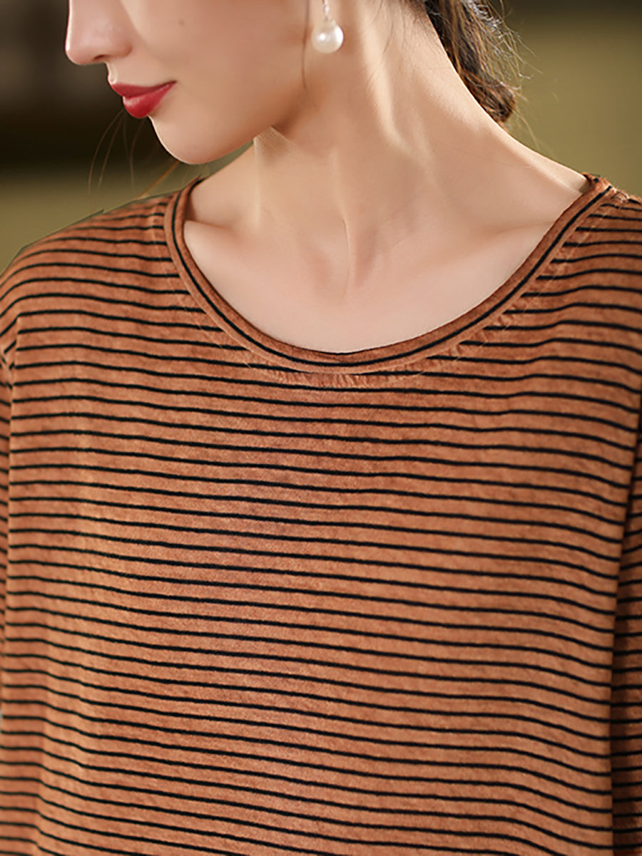 Casual Cotton Women Summer Linen O-Neck Shirt Stripe