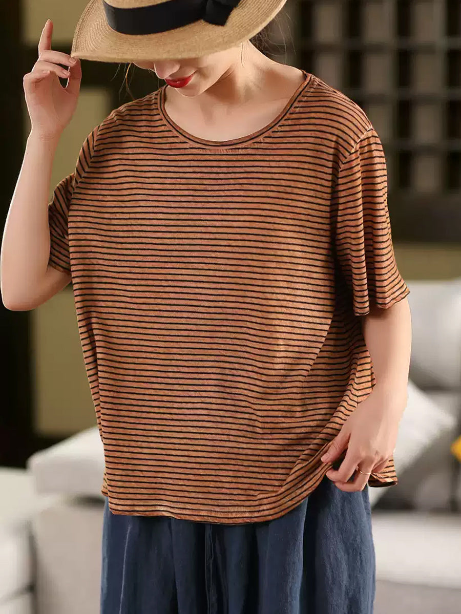 Casual Cotton Women Summer Linen O-Neck Shirt Stripe