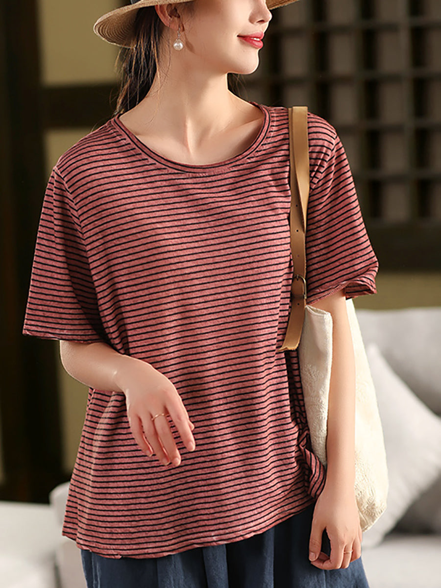 Casual Cotton Women Summer Linen O-Neck Shirt Stripe