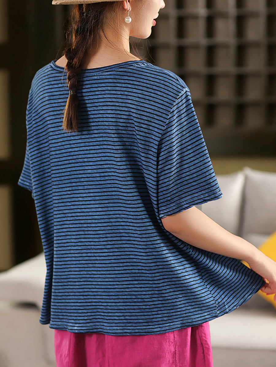 Casual Cotton Women Summer Linen O-Neck Shirt Stripe