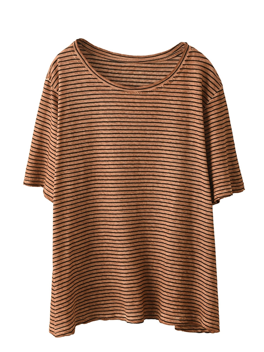Casual Cotton Women Summer Linen O-Neck Shirt Stripe