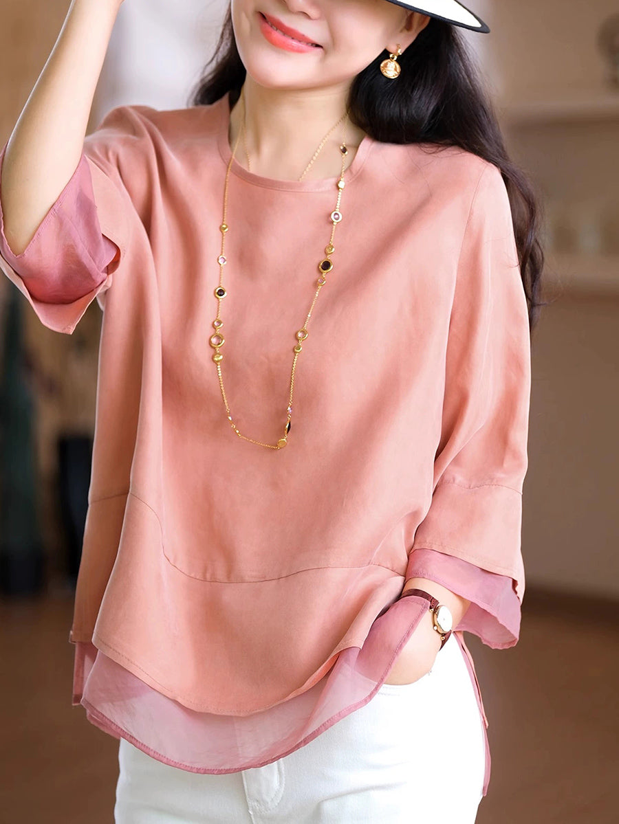 Shirt Color Women Summer Spliced O-Neck Artsy Pure