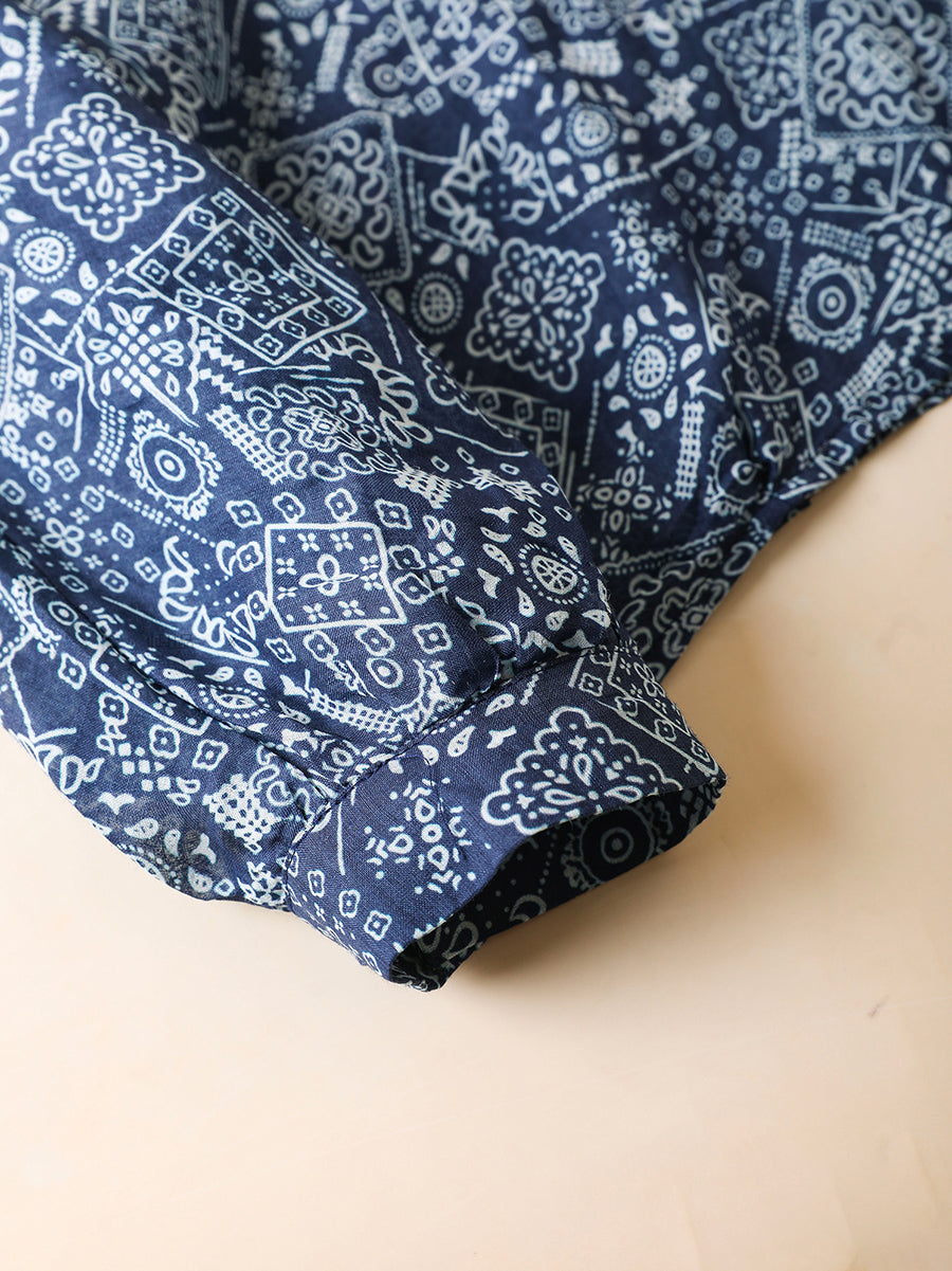 100%Ramie Artsy Turn-down Summer Women Collar Shirt Print