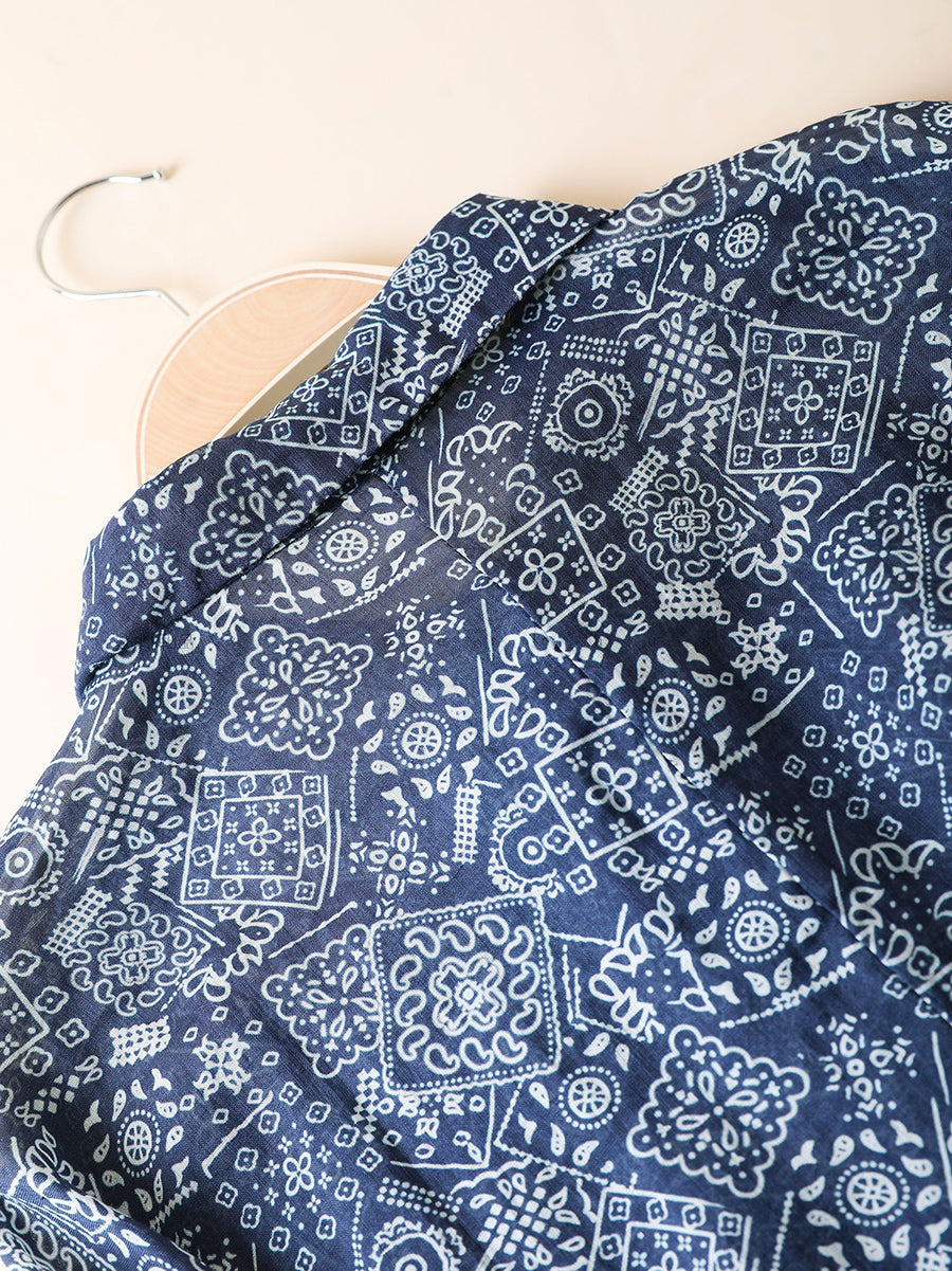 100%Ramie Artsy Turn-down Summer Women Collar Shirt Print