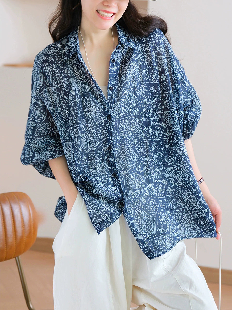 100%Ramie Artsy Turn-down Summer Women Collar Shirt Print