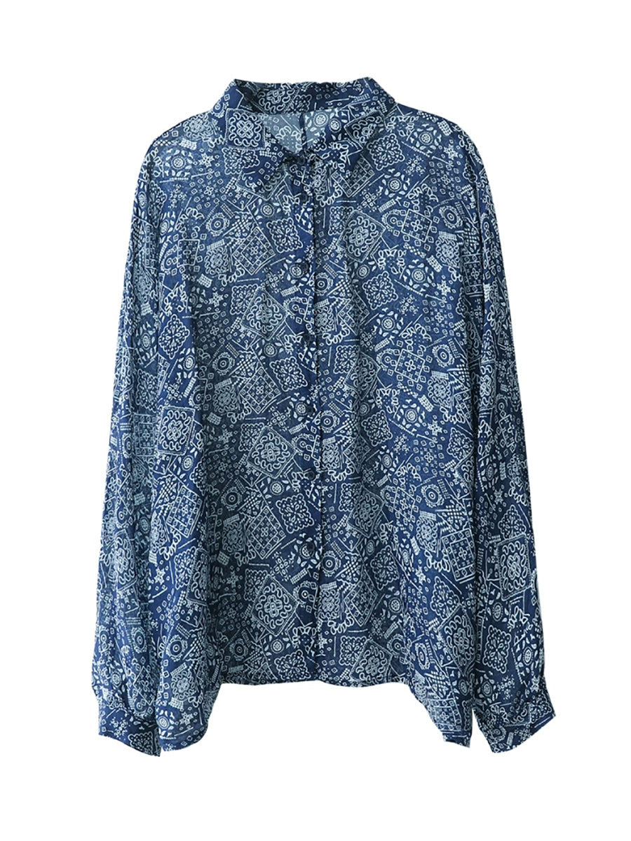 100%Ramie Artsy Turn-down Summer Women Collar Shirt Print