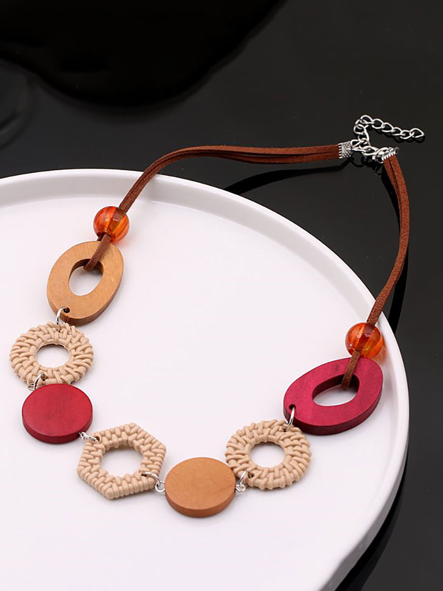 Women Ethnic Wooden Necklace Geometric