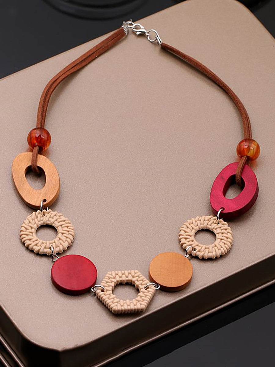 Women Ethnic Wooden Necklace Geometric