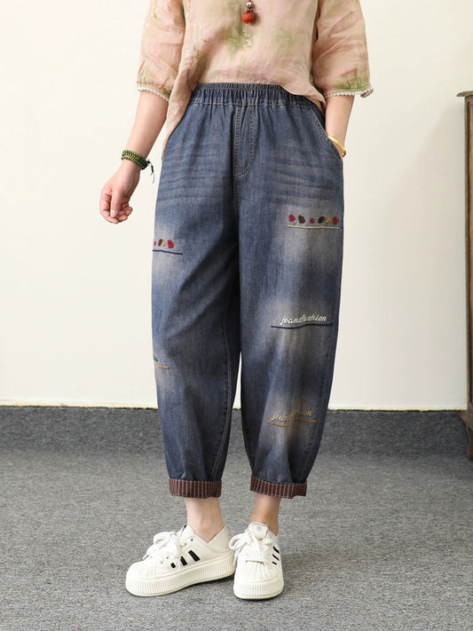 Harem Denim Embroidery Summer Retro Women Pants
