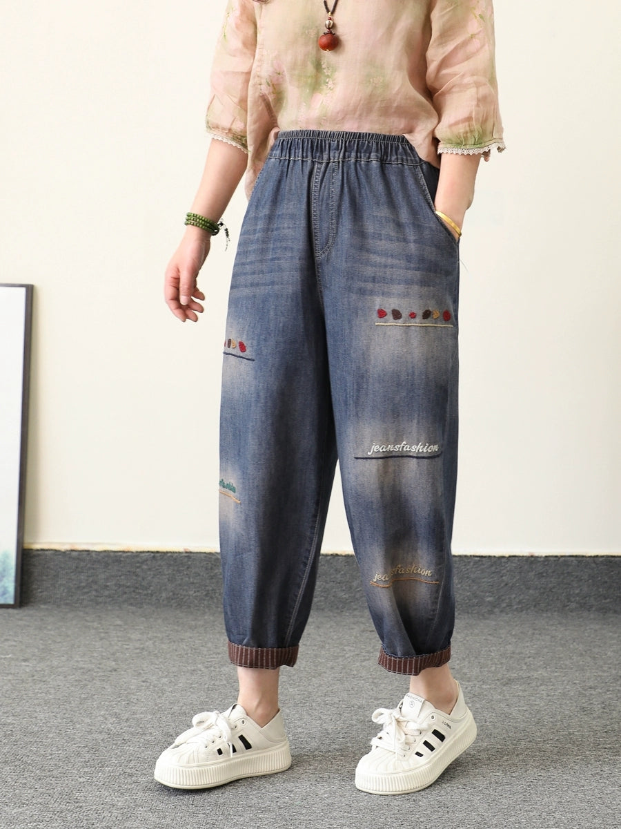 Harem Denim Embroidery Summer Retro Women Pants