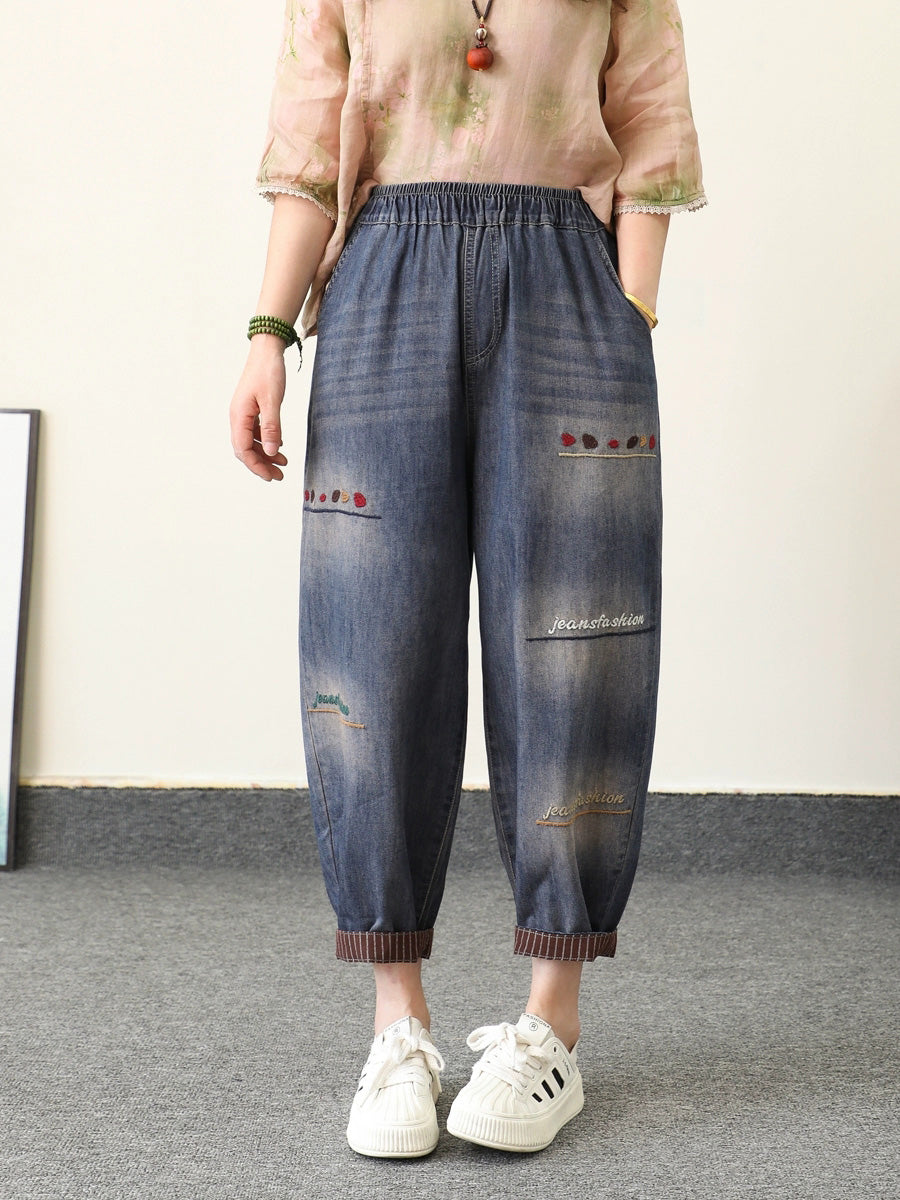 Harem Denim Embroidery Summer Retro Women Pants