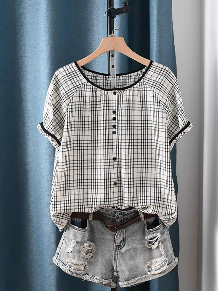 100%Cotton O-Neck Stripe Plaid Summer Women Artsy Shirt
