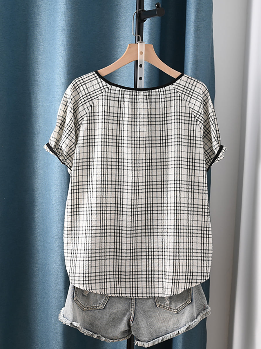 100%Cotton O-Neck Stripe Plaid Summer Women Artsy Shirt