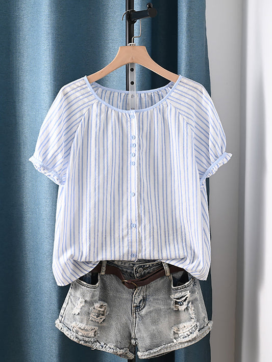 100%Cotton O-Neck Stripe Plaid Summer Women Artsy Shirt