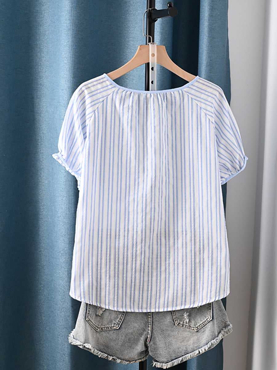 100%Cotton O-Neck Stripe Plaid Summer Women Artsy Shirt