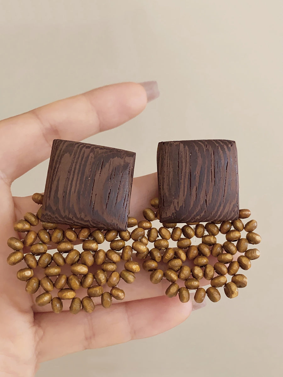Wooden Vintage Square Women Earrings Bead Flower