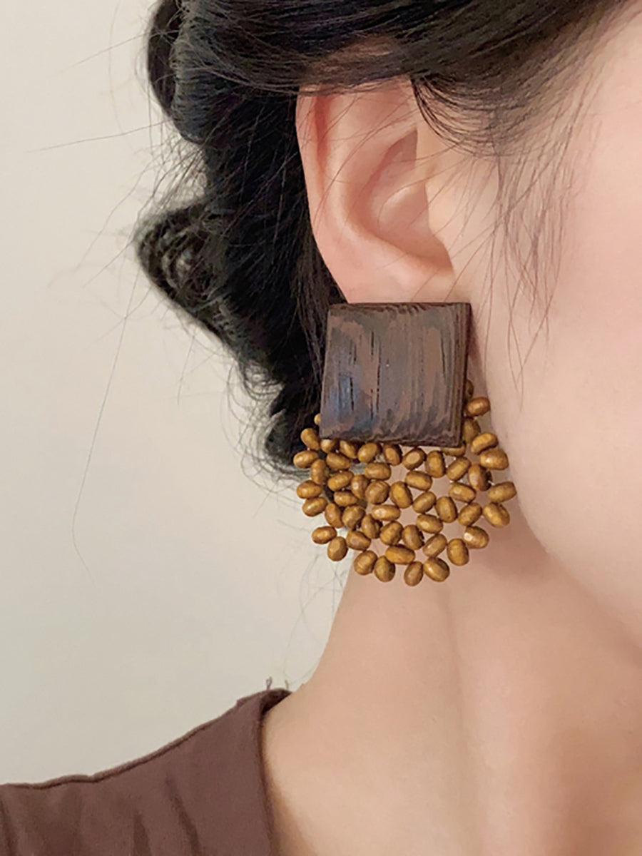 Wooden Vintage Square Women Earrings Bead Flower