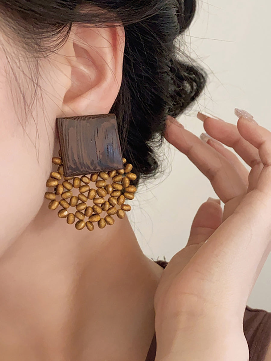 Wooden Vintage Square Women Earrings Bead Flower