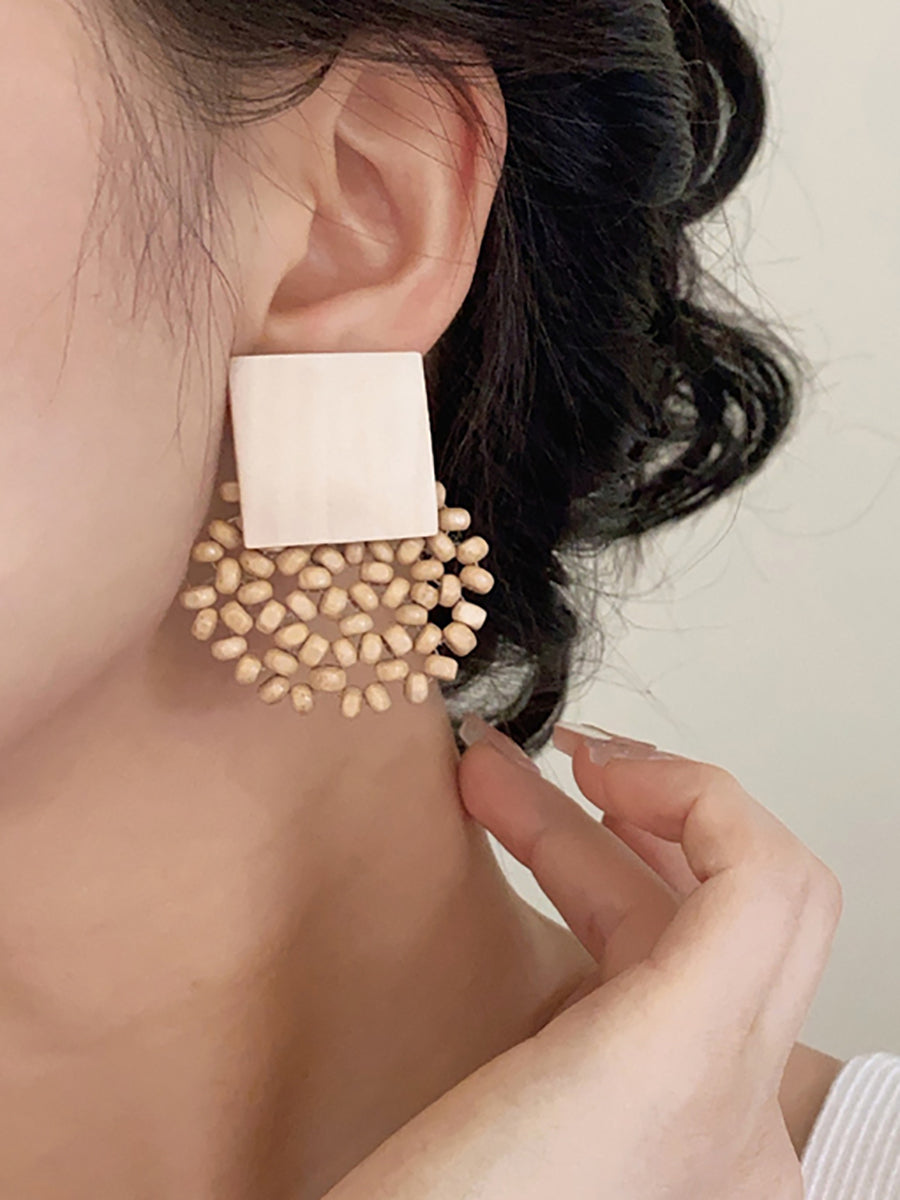 Wooden Vintage Square Women Earrings Bead Flower