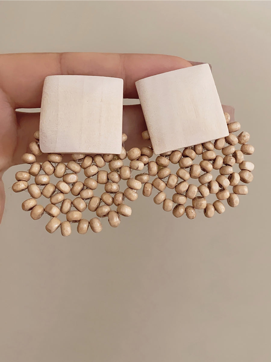 Wooden Vintage Square Women Earrings Bead Flower