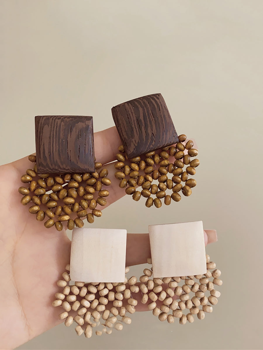 Wooden Vintage Square Women Earrings Bead Flower