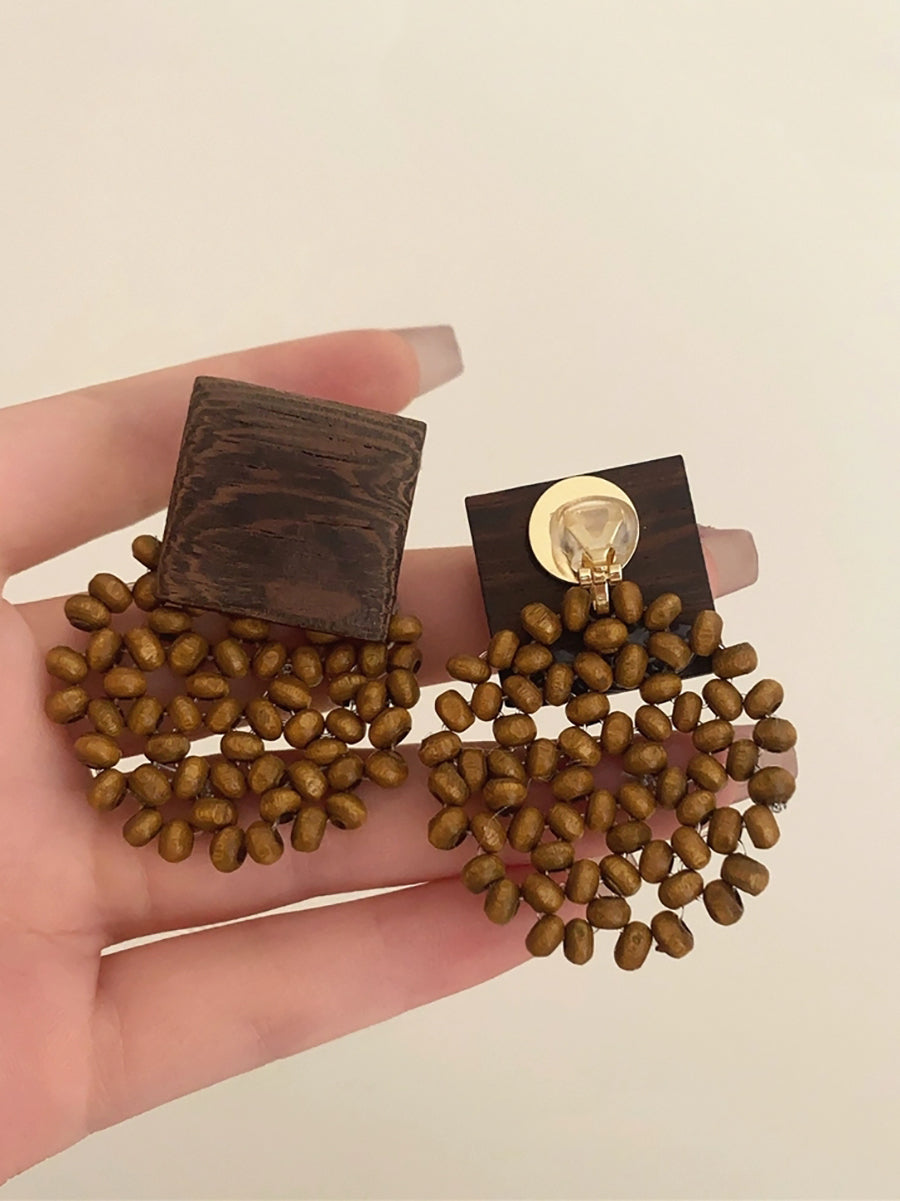 Wooden Vintage Square Women Earrings Bead Flower