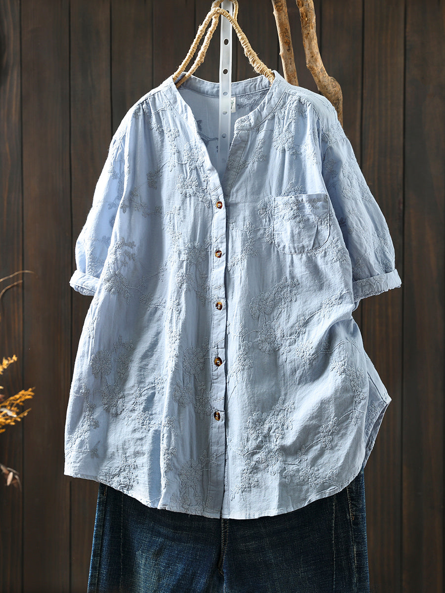 Shirt Women V-Neck Flower Summer 100%Cotton Embroidery Artsy