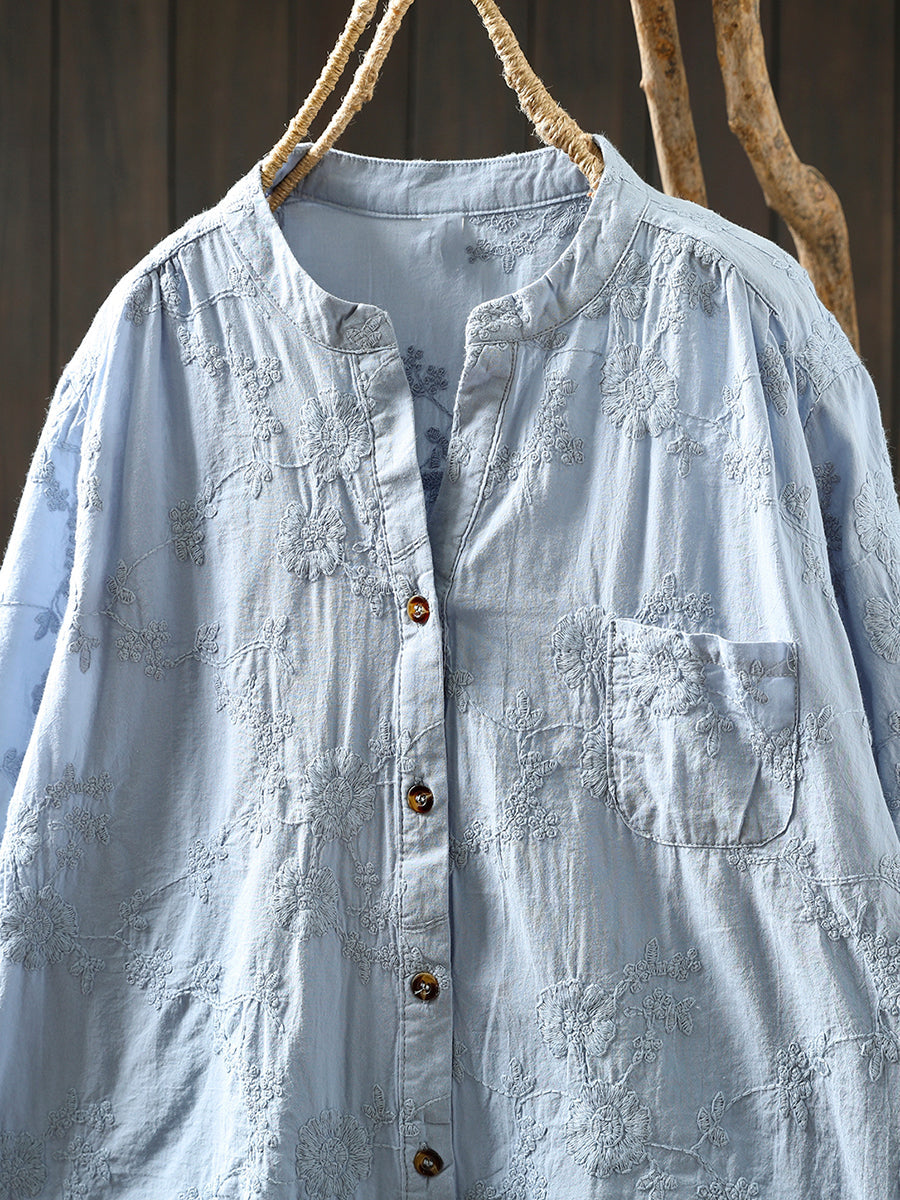 Shirt Women V-Neck Flower Summer 100%Cotton Embroidery Artsy