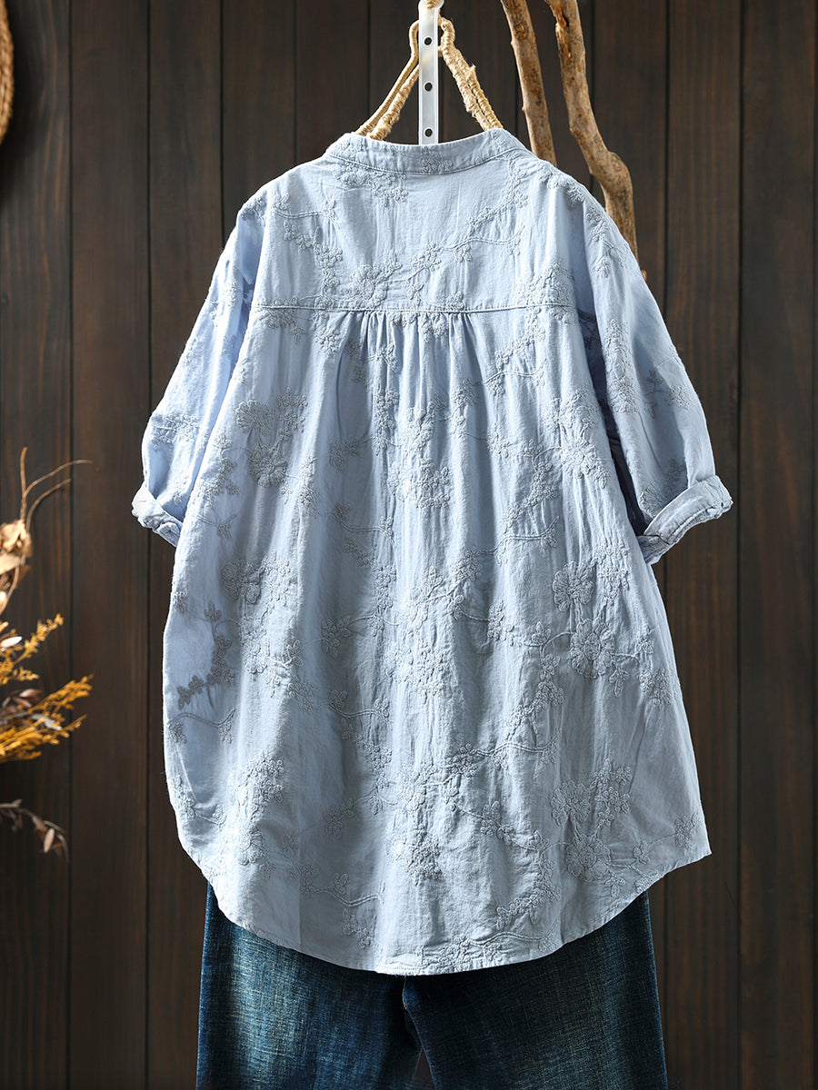 Shirt Women V-Neck Flower Summer 100%Cotton Embroidery Artsy