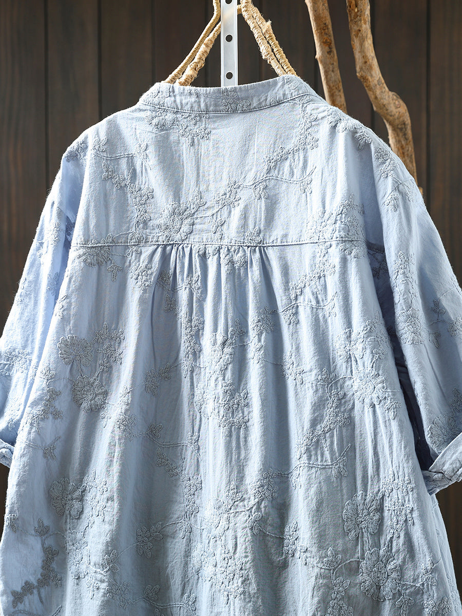 Shirt Women V-Neck Flower Summer 100%Cotton Embroidery Artsy