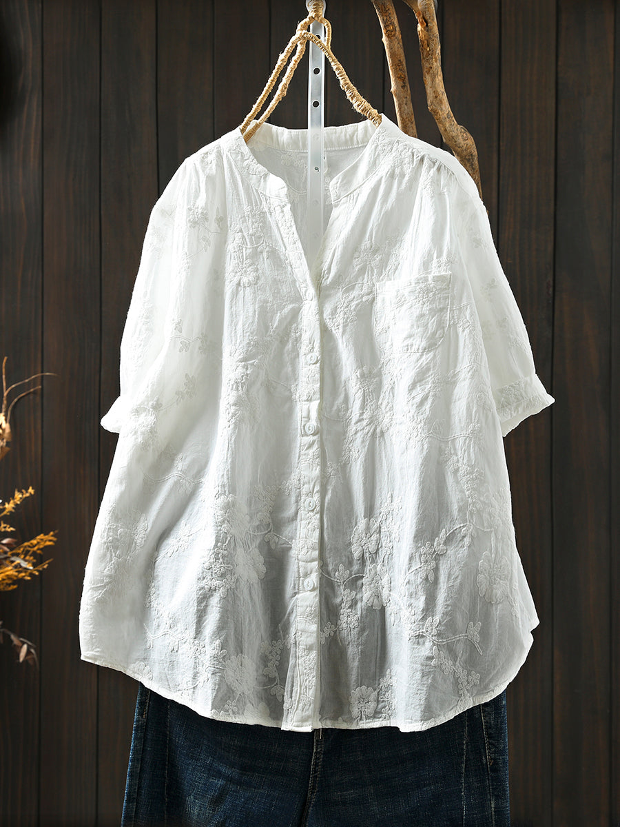 Shirt Women V-Neck Flower Summer 100%Cotton Embroidery Artsy
