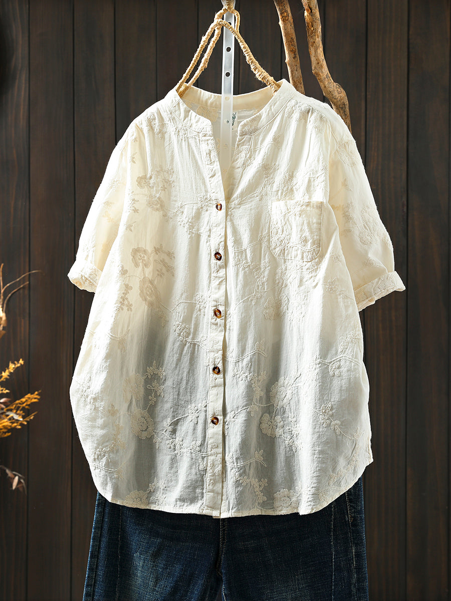 Shirt Women V-Neck Flower Summer 100%Cotton Embroidery Artsy