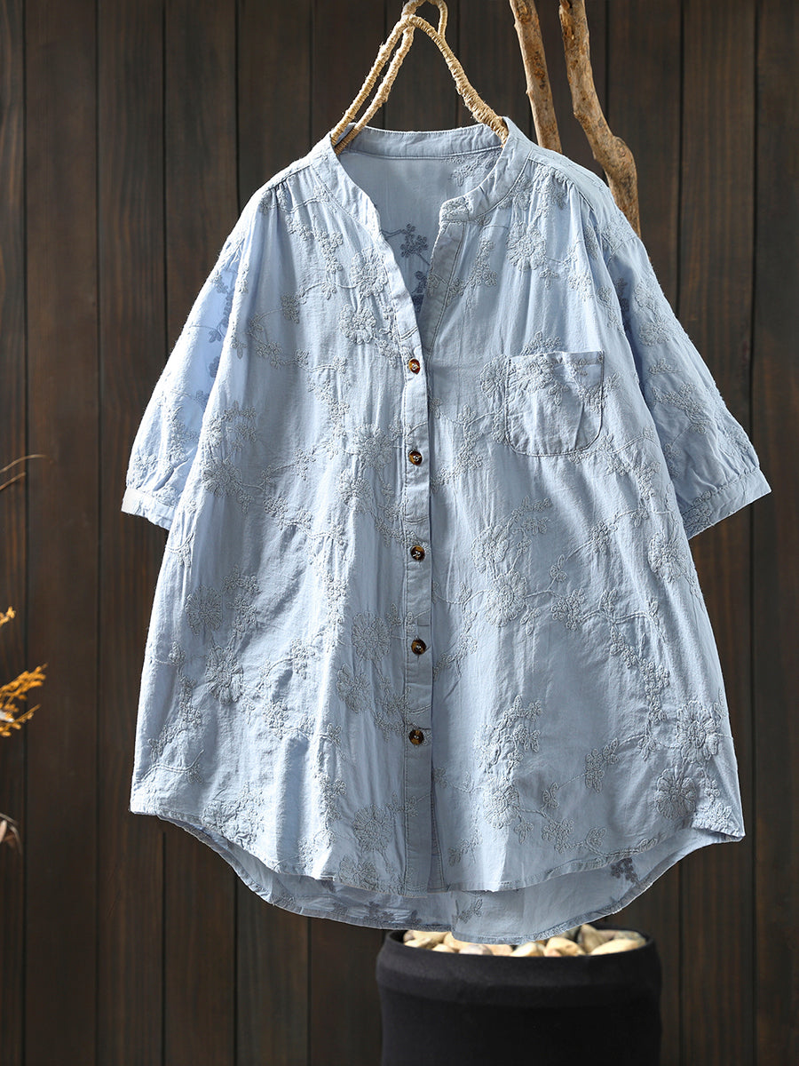 Shirt Women V-Neck Flower Summer 100%Cotton Embroidery Artsy