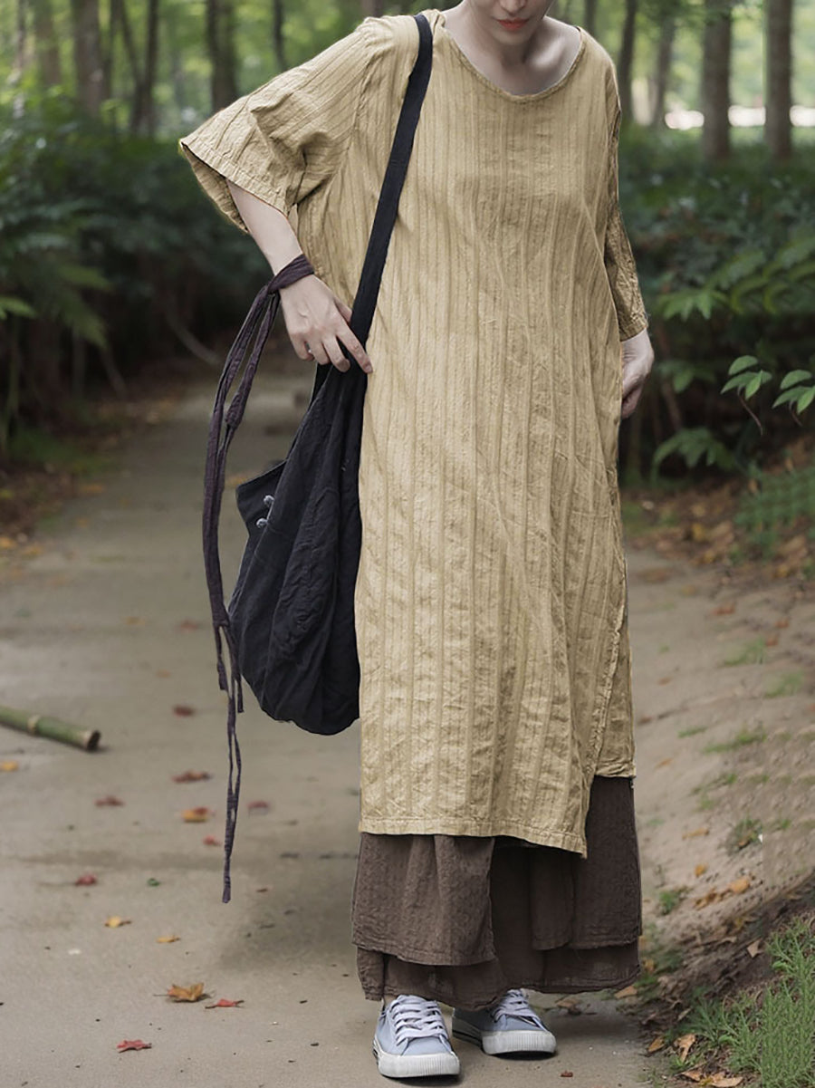 Dress Women Stripe Cotton Retro O-Neck Summer