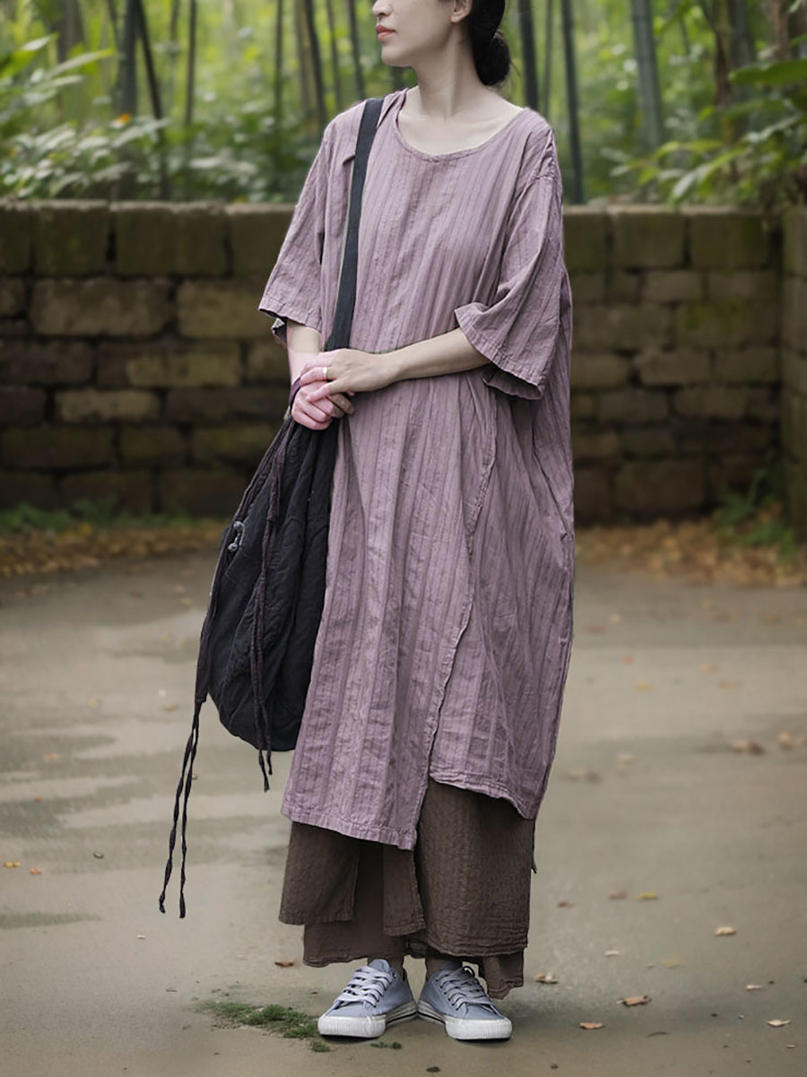 Dress Women Stripe Cotton Retro O-Neck Summer