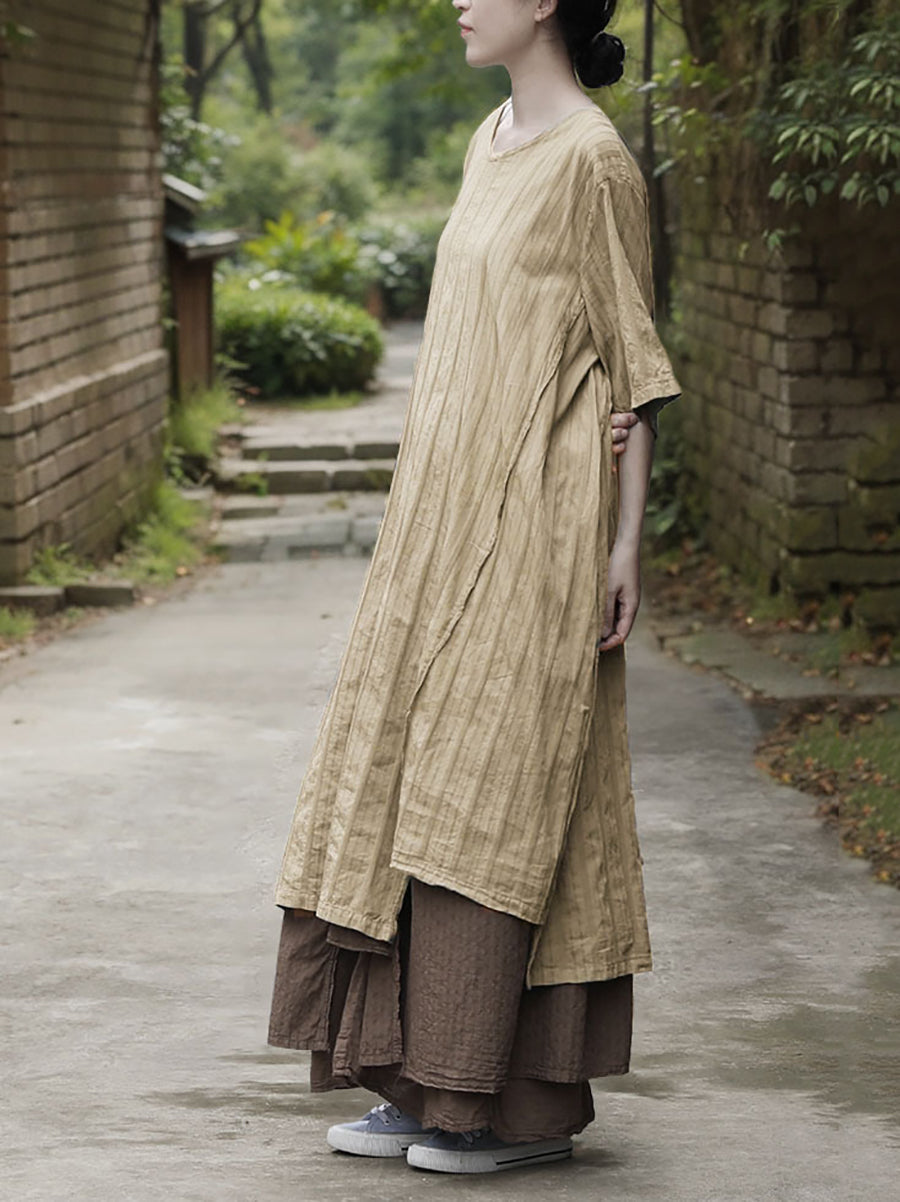 Dress Women Stripe Cotton Retro O-Neck Summer