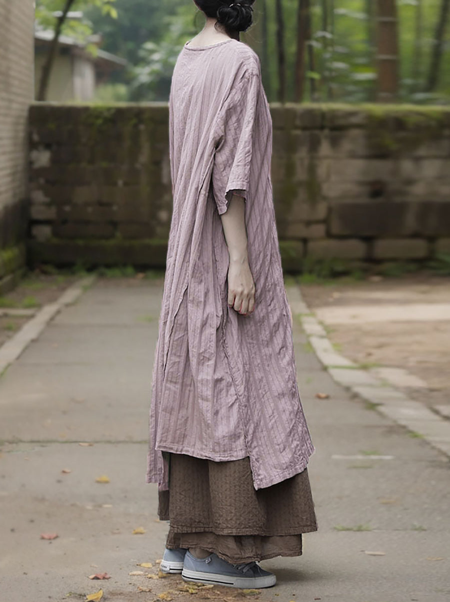 Dress Women Stripe Cotton Retro O-Neck Summer