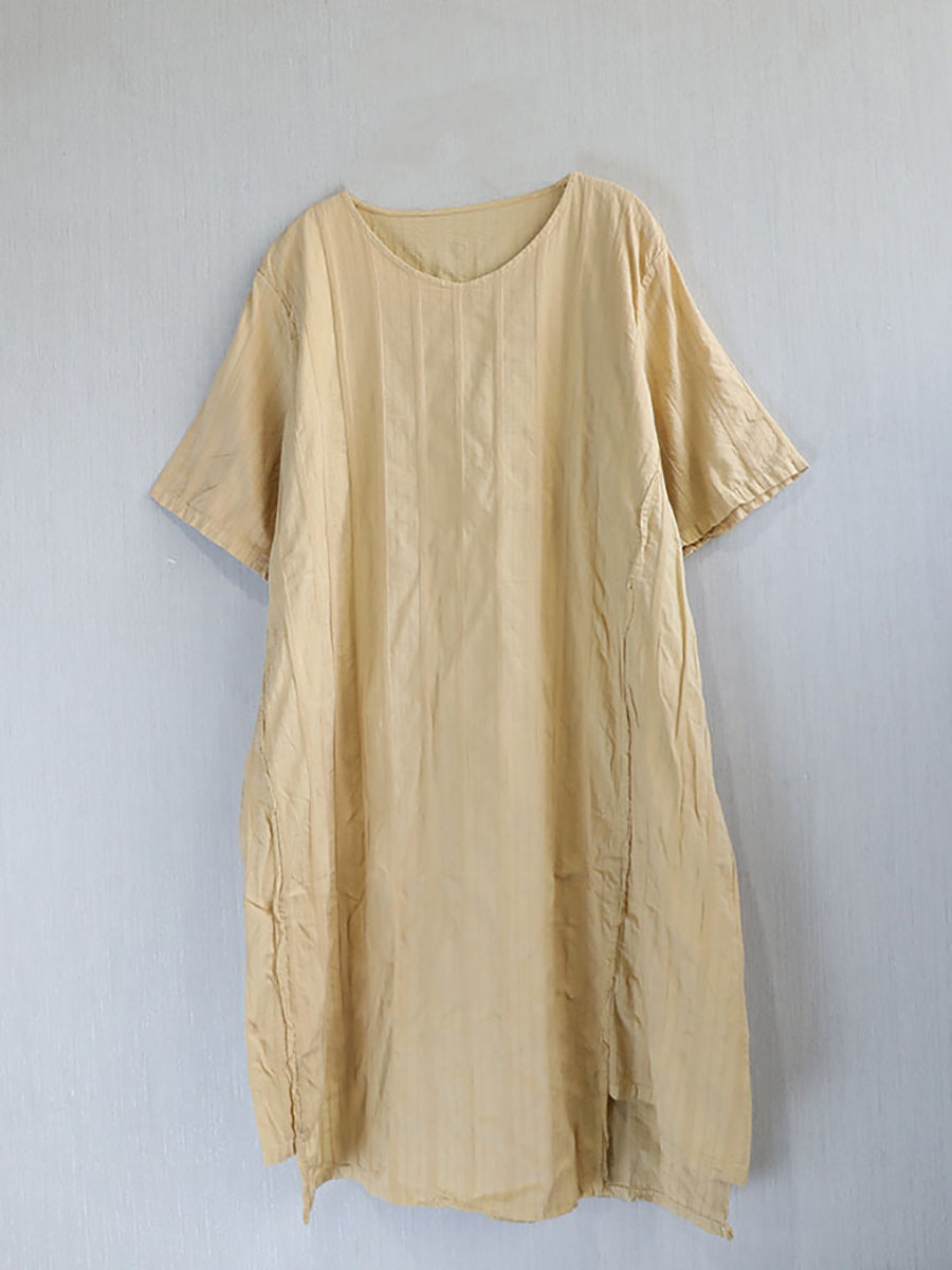 Dress Women Stripe Cotton Retro O-Neck Summer