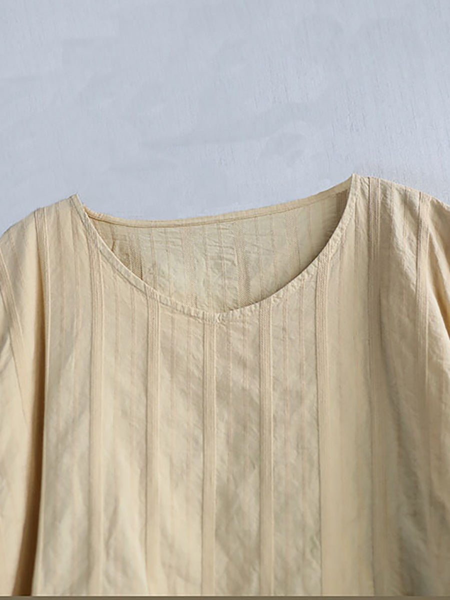 Dress Women Stripe Cotton Retro O-Neck Summer