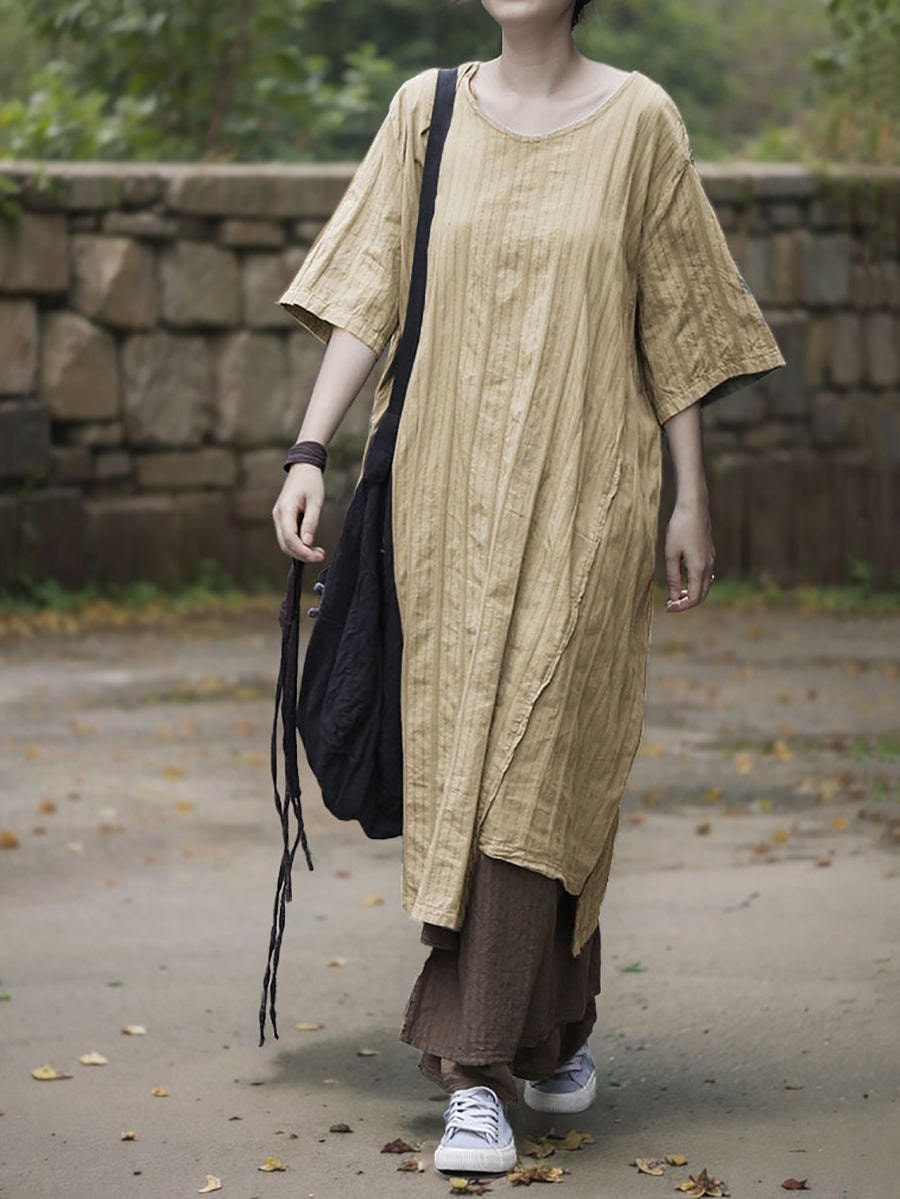 Dress Women Stripe Cotton Retro O-Neck Summer