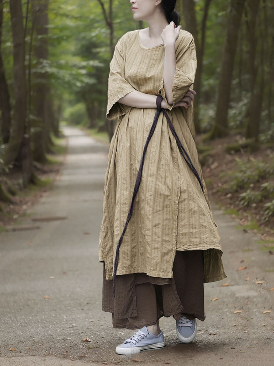 Dress Women Stripe Cotton Retro O-Neck Summer