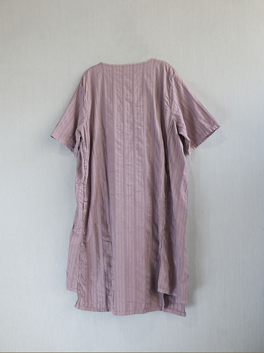 Dress Women Stripe Cotton Retro O-Neck Summer