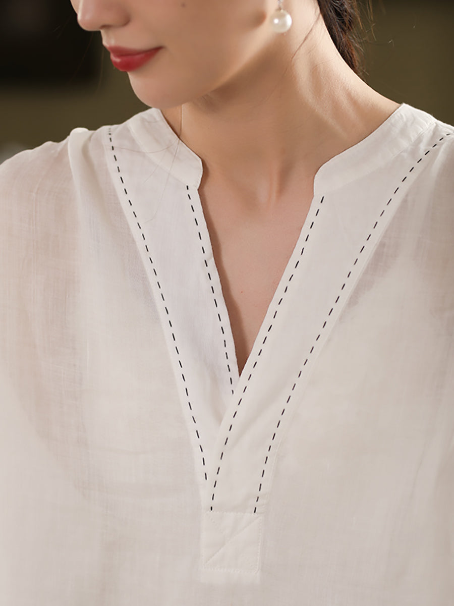 Color Pure Summer Shirt V-Neck 100%Linen Women