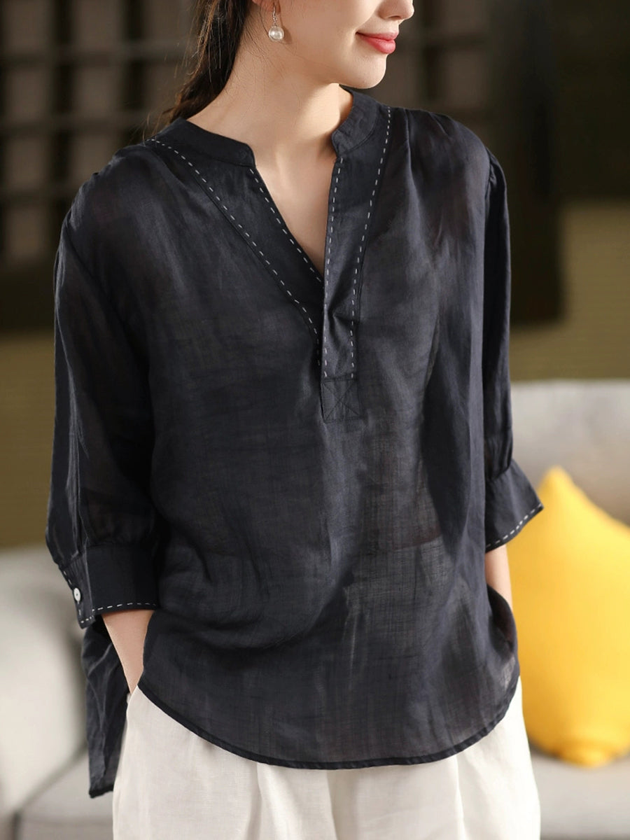 Color Pure Summer Shirt V-Neck 100%Linen Women